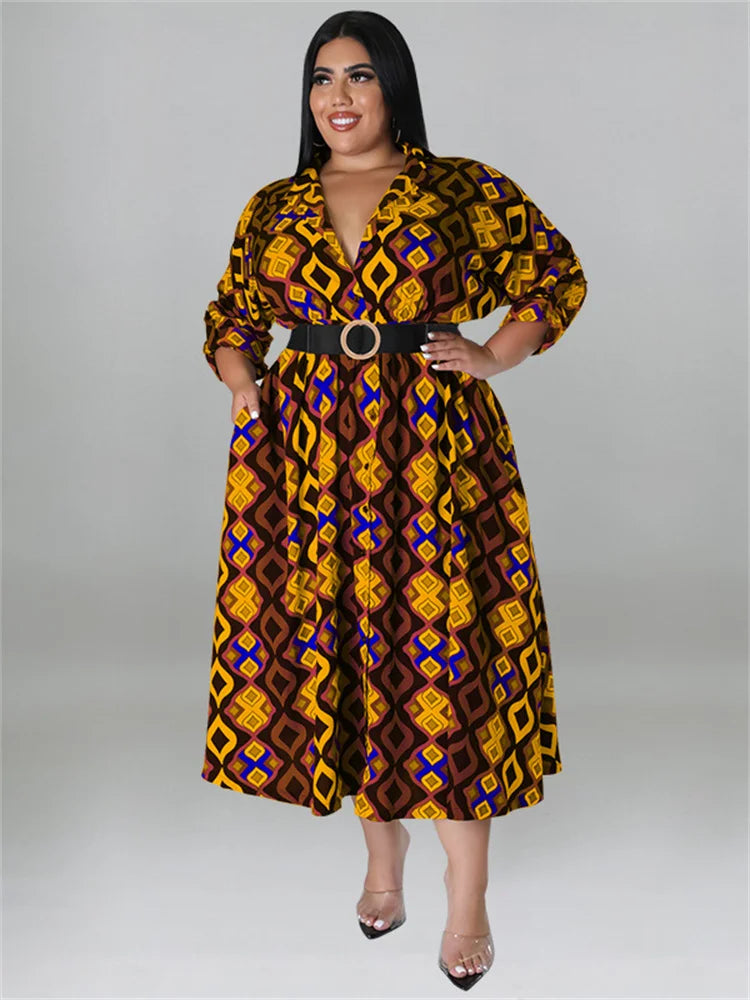 Maxy Plus Size Dresses for Women with Belt V Neck Print Casual Maxy Dress Elegant Fashion Streetwear