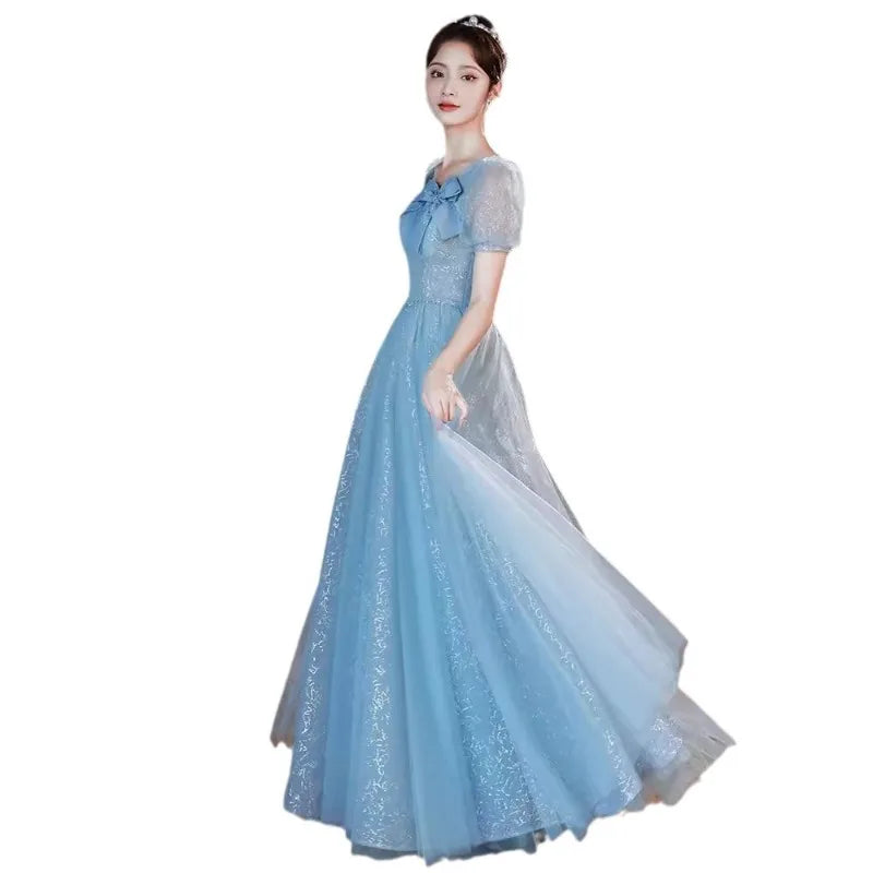 Maxy New Women's Summer Blue Bow Purple Evening Dress Fashionable Slimming Student Graduation Art Exam Walking Dress