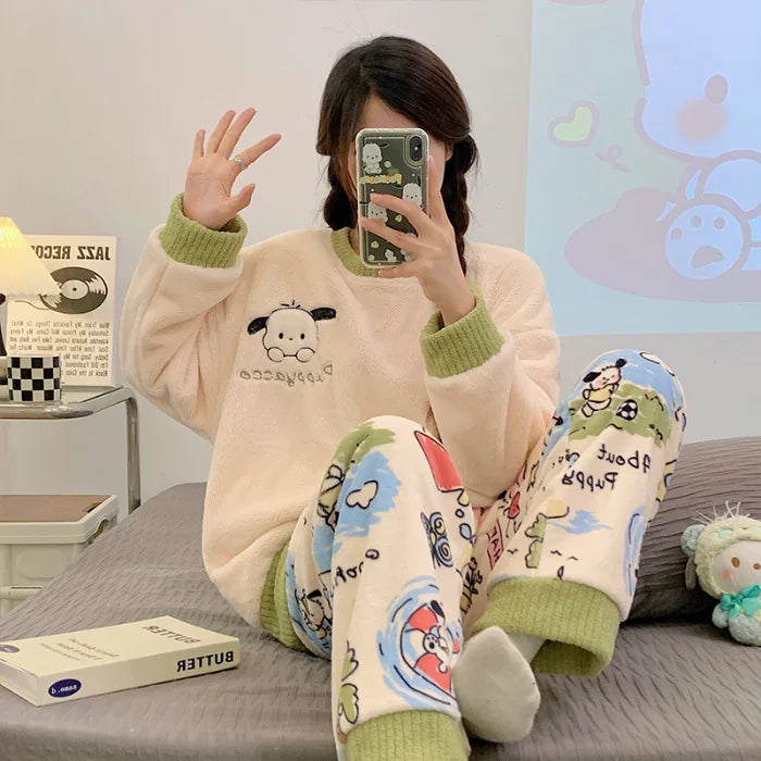 Max Snoopy Cinnamoroll Pajamas Winter Thick Flannel Round Neck Home Clothing Long Sleeved Top Pants Set Girl Christmas Gift