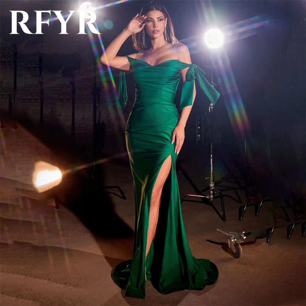 Maxy Red Evening Dresses for Party Satin Off the Shoulder Pleats Long Mermaid Prom Gowns Split Scoop Celebrity Dress Customized