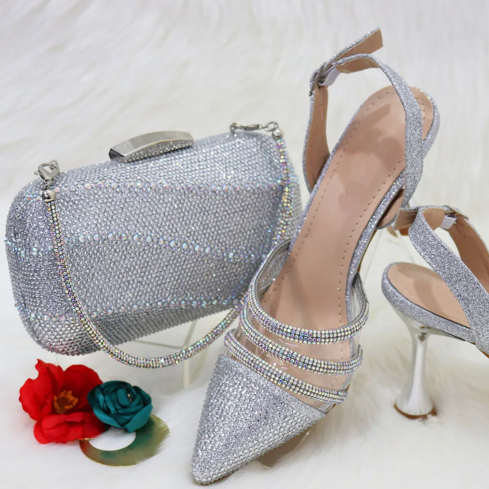 Maxy Summer Elegant Ladies Sandals Shoes and Bag Set Italian Rhinestone High Heels Shoes with Bags Nigerian Women Party Shoes