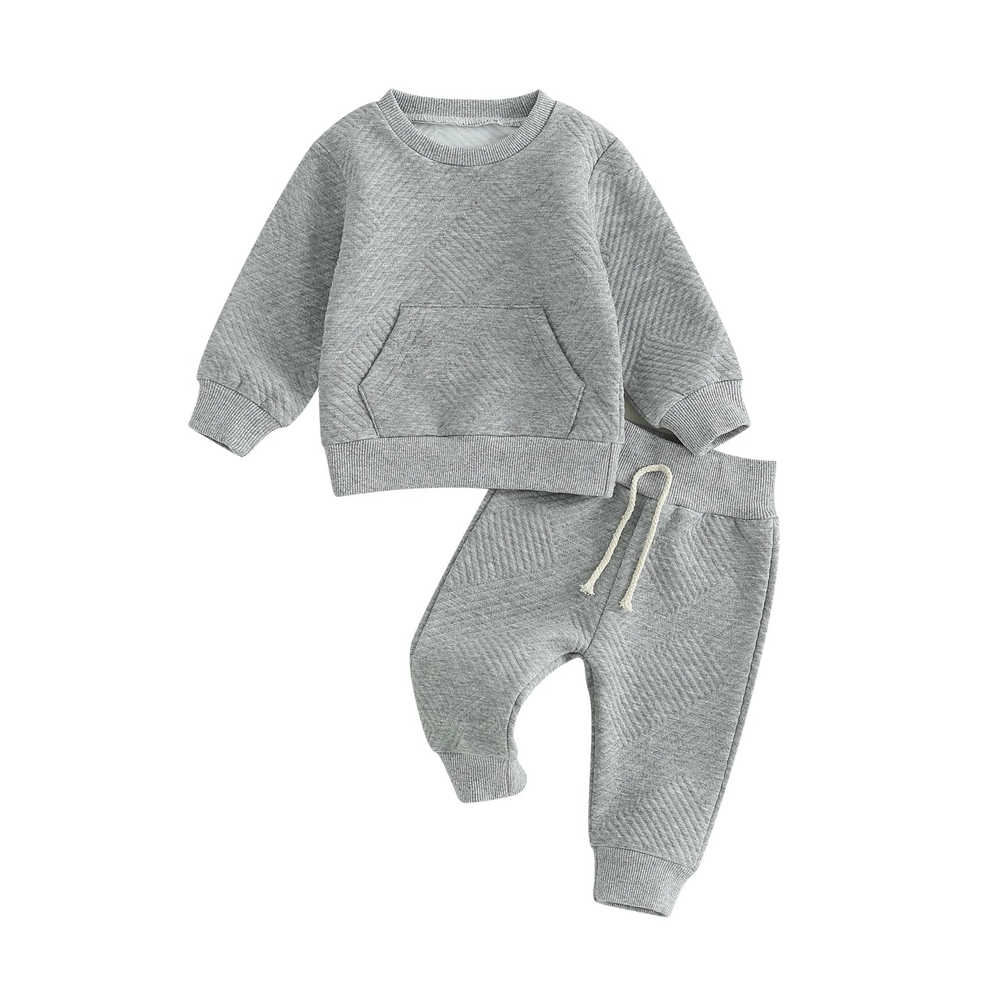 Maxy 2Pcs Baby Boys Fall Winter Outfits Long Sleeve Front Pocket Textured Sweatshirt Tops and Trousers Set Toddler Clothes