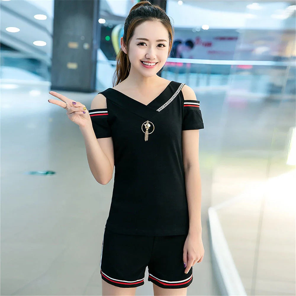 Summer Tracksuits Womens Two Peices Set Leisure Outfits Off Shoulder T-shirts High Waist Shorts Candy Color Clothing S-3XL