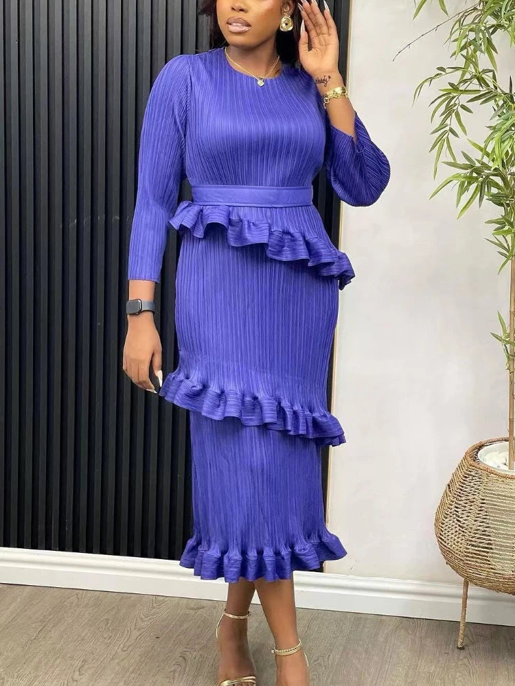 Babs Elegant Dresses for Women Long Sleeve O Neck Layered Ruffles Trim Bodycon Dress with Belt Stylish Chic Female Spring Outfits