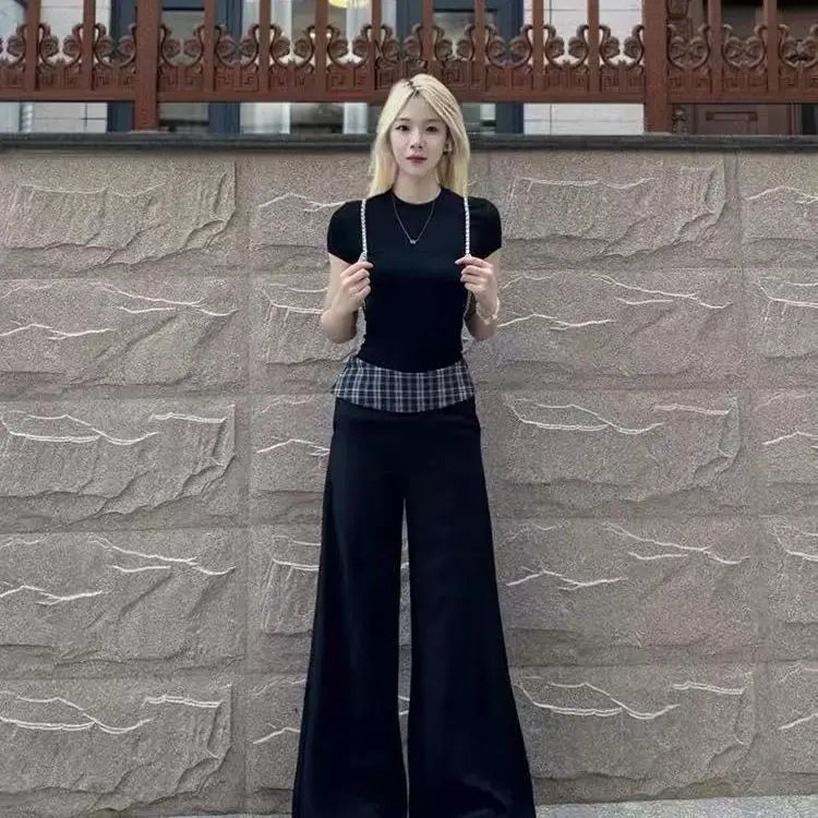 Maxy Women's Suit Fashion 2 Piece Set Short Sleeve Top Wide Leg Pants Cotton Women Summer Casual Elegant American Style Premium