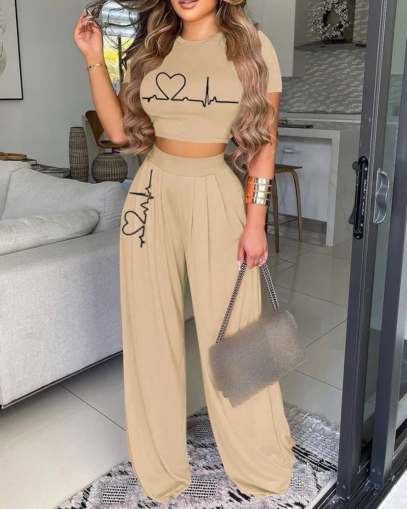 Maxy Women Open Bellybutton Set Summer Leisure Fashion Heartbeat Short Sleeved Top High Waist Women Wide Leg Long Pants Two Piece Set