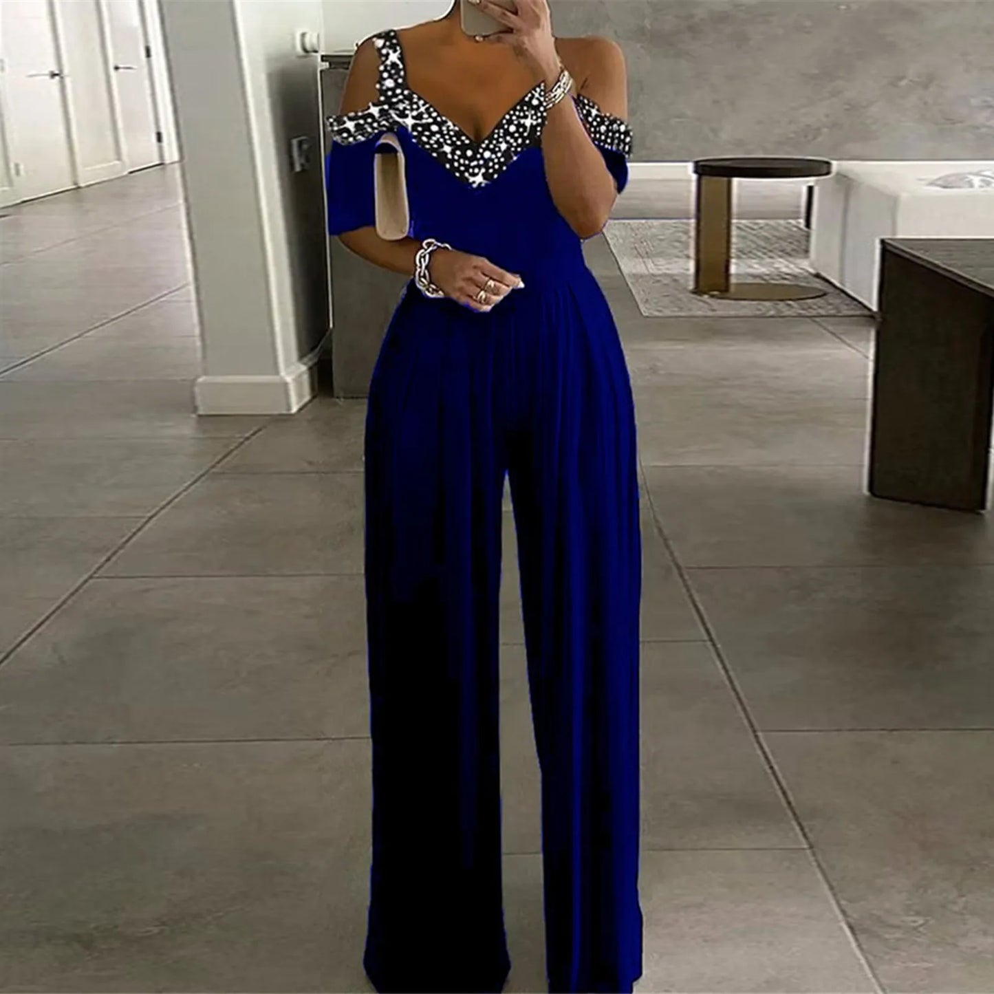 Amay Women's Dress Jumpsuit Daily Casual Wide Leg Waist Jumpsuit Strapless Off-The-Shoulder Patchwork V-Neck Banquet Jumpsuits