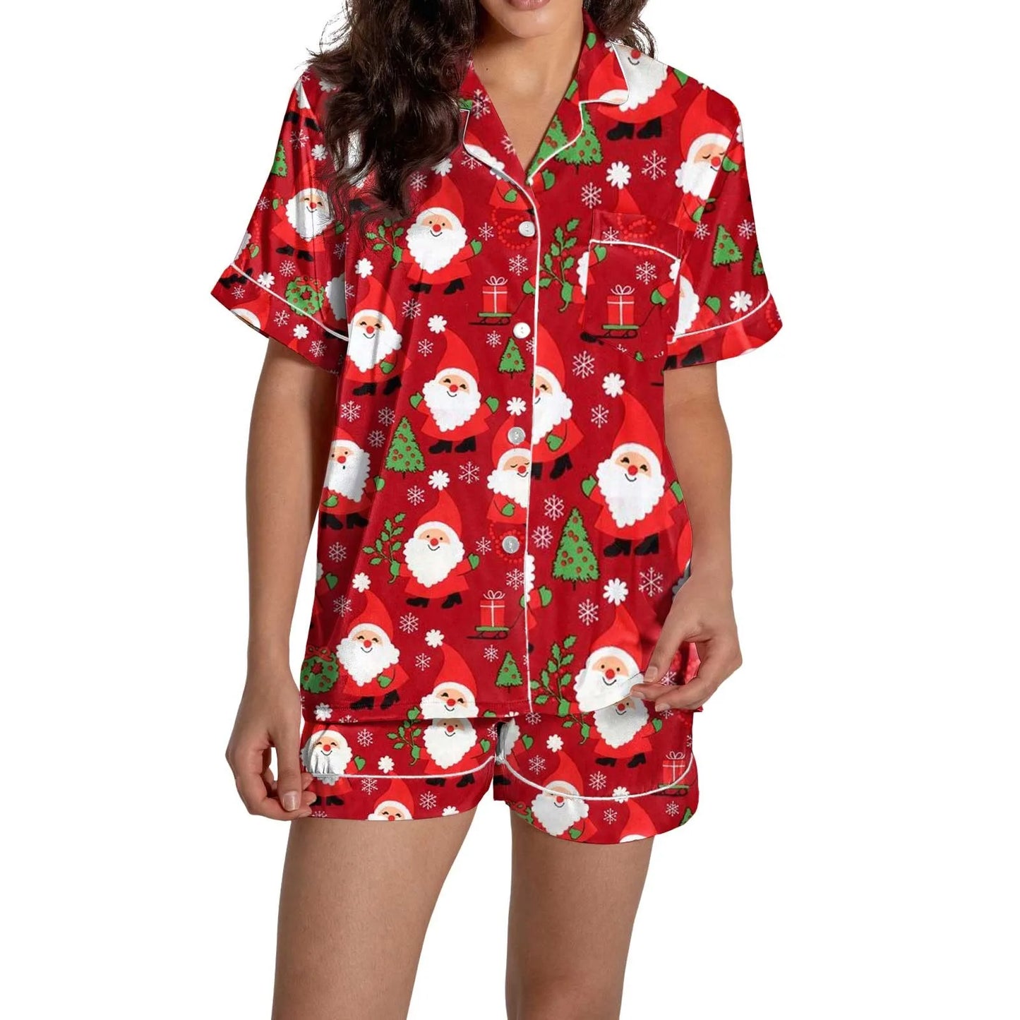 Christmas Graphic Print Women's Button-Down Shirts Pajamas Shorts Set Causal Women‘s Silk Satin 2 Piece Homewear Shorts Set Soft