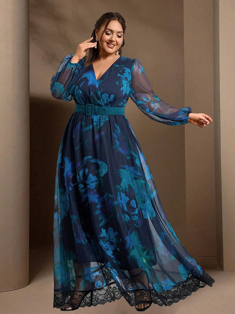 Maxy New Women's Casual Elegant Formal Party Long Dresses Plus Size Floral Print Lantern Sleeve Contrast Lace Dress