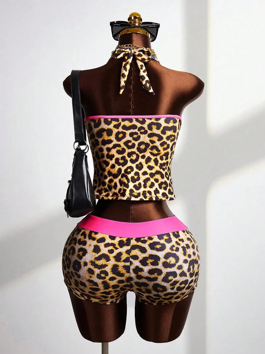Maxy Leopard Print Halter Tankini Set With Pink Trim Cheeky Shorts Festival Beach Swimwear