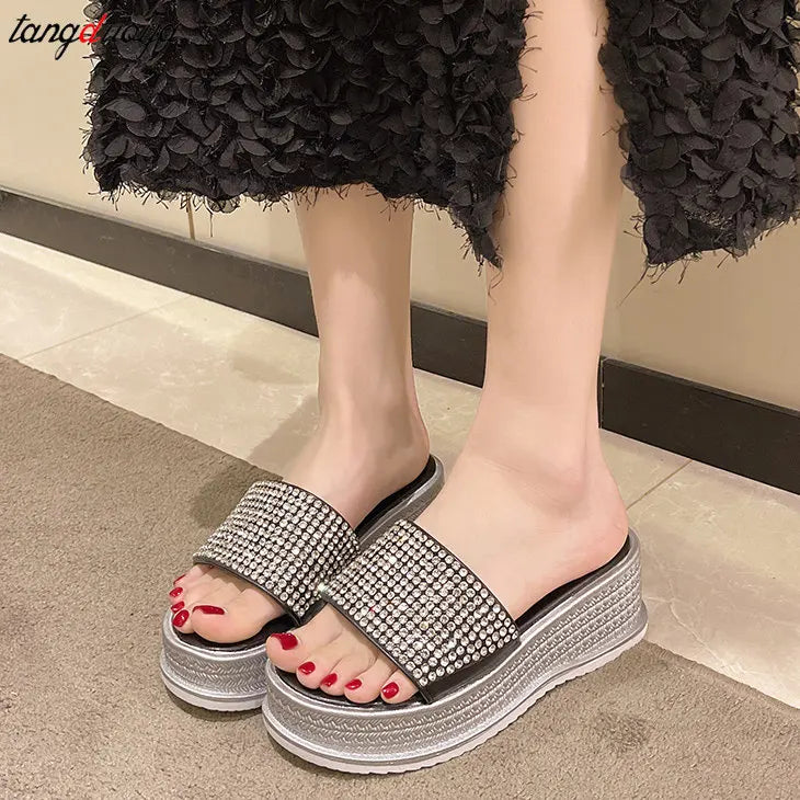 Babs rhinestone slippers Sequined High-heeled One-word Slippers Women Summer Outer Wear Platform Beach Comfort Sandals slippers women