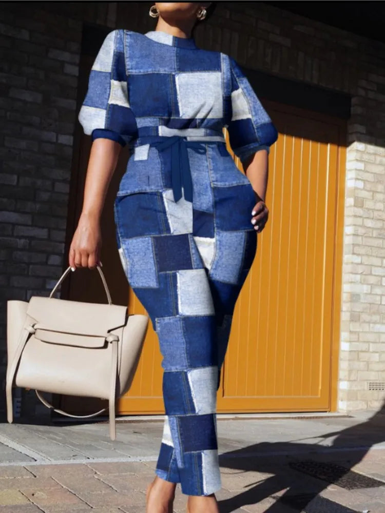 Maxy Fashion Plaid Print Two Pieces Sets Women's Autumn Lanntern Sleeve Top & High Waist Tied Slim Long Pants Casual Streetwear Set