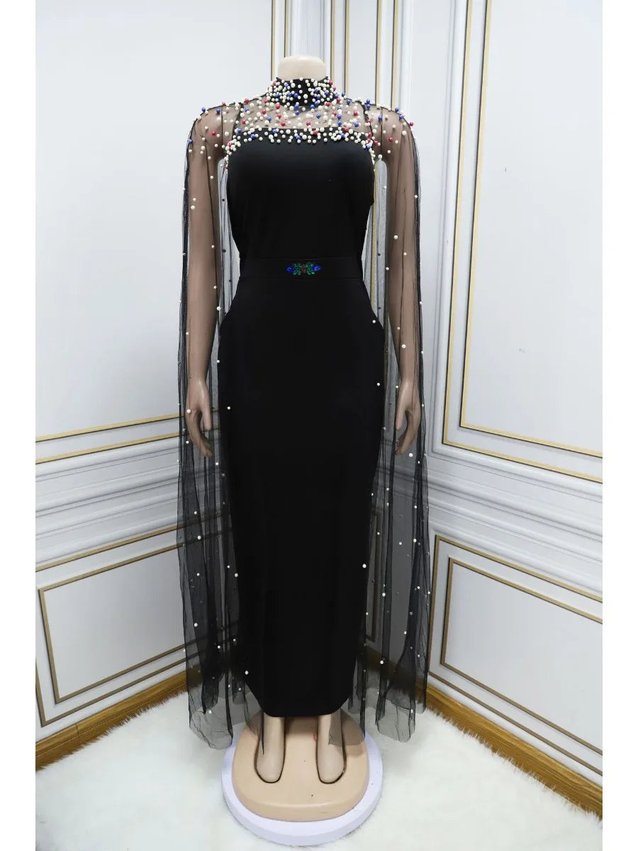 Maxy Ramadan Party Dress for Women Maxy Long Sleeve Mesh Beads Lagors Dubai Arabic Abaya with Cloak Elegant dress
