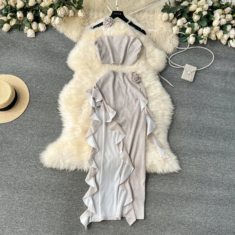 Maxy Sexy Shinny Beach Style Women Two Pieces Set Hot Strapless Crop Top and High Elastic Waist Ruffles Tassels Irregular Skirt Suits