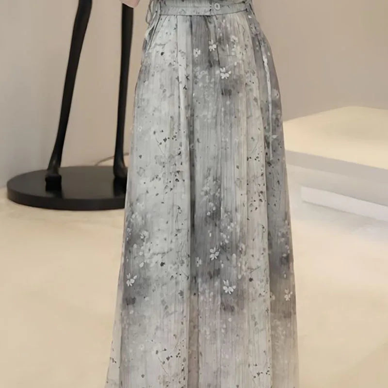 Amay Printed skirt women's summer Chinese high-quality national style printed top niche design temperament two-piece suit