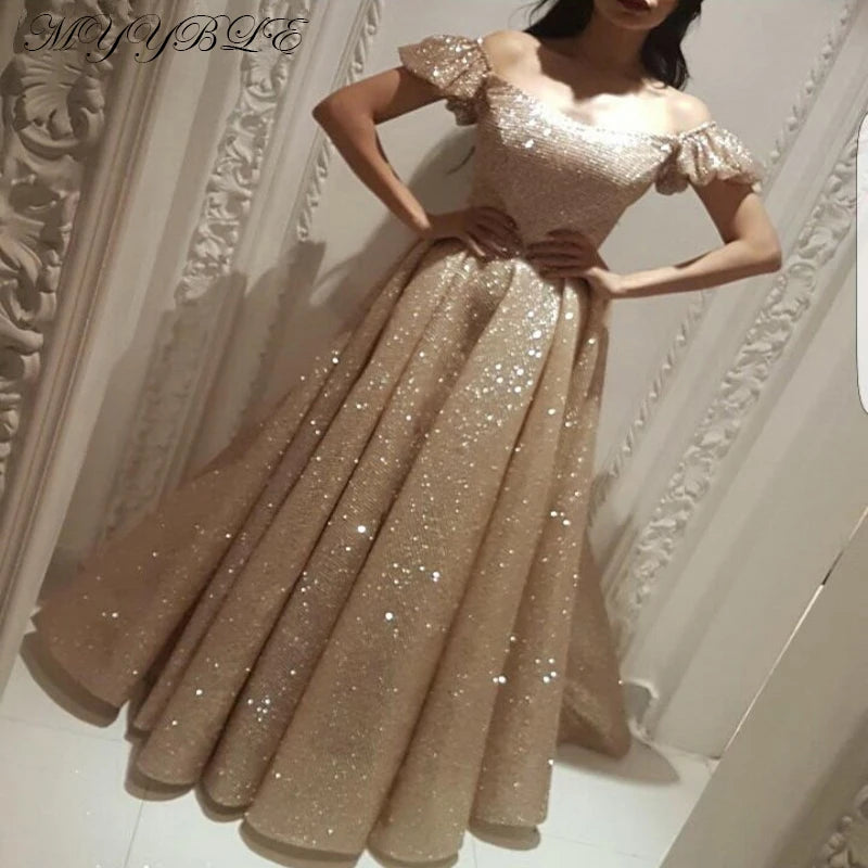 Maxy Customized  soiree Champagne Evening Dress Long A-Line Glitter Sequin Saudi Arabic Women Formal Prom Evening Gown abendkleider