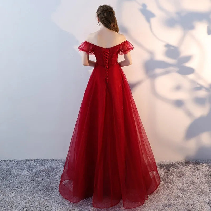 Maxy New Women's Autumn Embroidered Mesh High Waist Evening Dress Fashionable Look Thin Cover Belly Red Wedding Long Dress