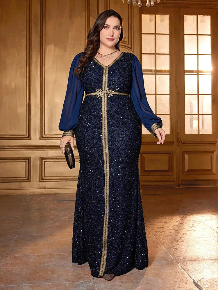 Maxy Luxury Sequin Muslim Women Maxi Dress Plus Size Kaftan Elegant Turkey Caftan Morocco Evening Party Gown New