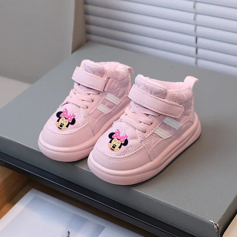 Maxy Disney Mickey Mouse Autumn and Winter Children's Casual Shoes Plus Velvet Warm Fashion High Top Board Shoes Boys Girls Sneakers