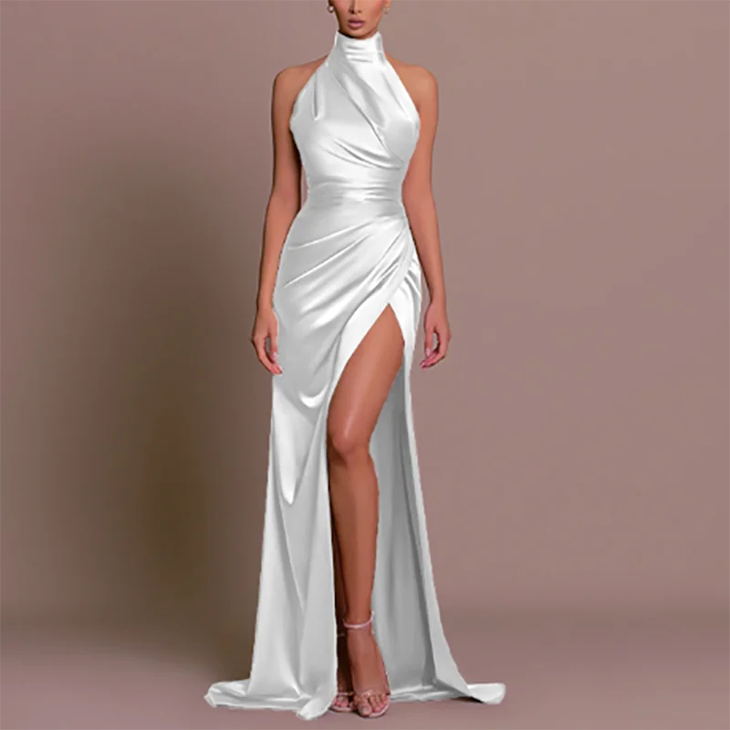 Maxy Elegant Stand Collar High Waist Robe Dress New Fashion Sleeveless Split Bridesmaid Dress Monochrome Satin Slim Women Party Dress