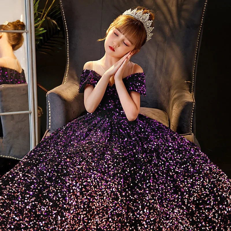 Maxy Little Girl Deep Purple Dresses Party and Wedding Summer Kids Birthday Evening Long Dress Sequin Luxury Gowns Child Costume