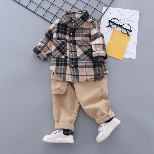 Toddler Boys Clothes Autumn Winter Kids Plaid Sets Turn-Down Shirt+Pant with Bag 2pcs Outfit Children Clothing Suit For Boy