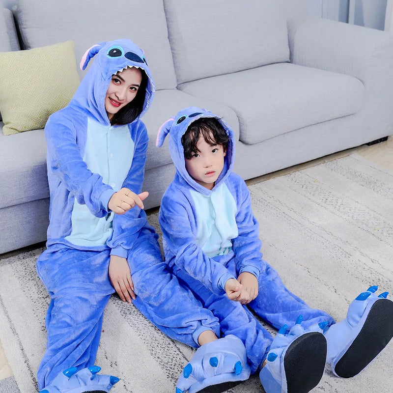 Maxy Stitch Cosplay Costumes Women Men Cartoon Jumpsuit Adults Cute Flannel Hooded Pajamas Onesie For Halloween Christmas Party