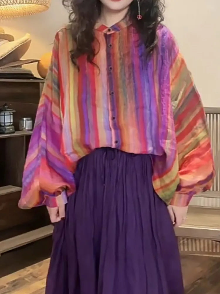 Maxy Oversized Summer 2 Two Piece Set Women Striped Print Casual Long Sleeve Ladies Shirt Elastic Waist Modis Ruffle Woman Long Skirt