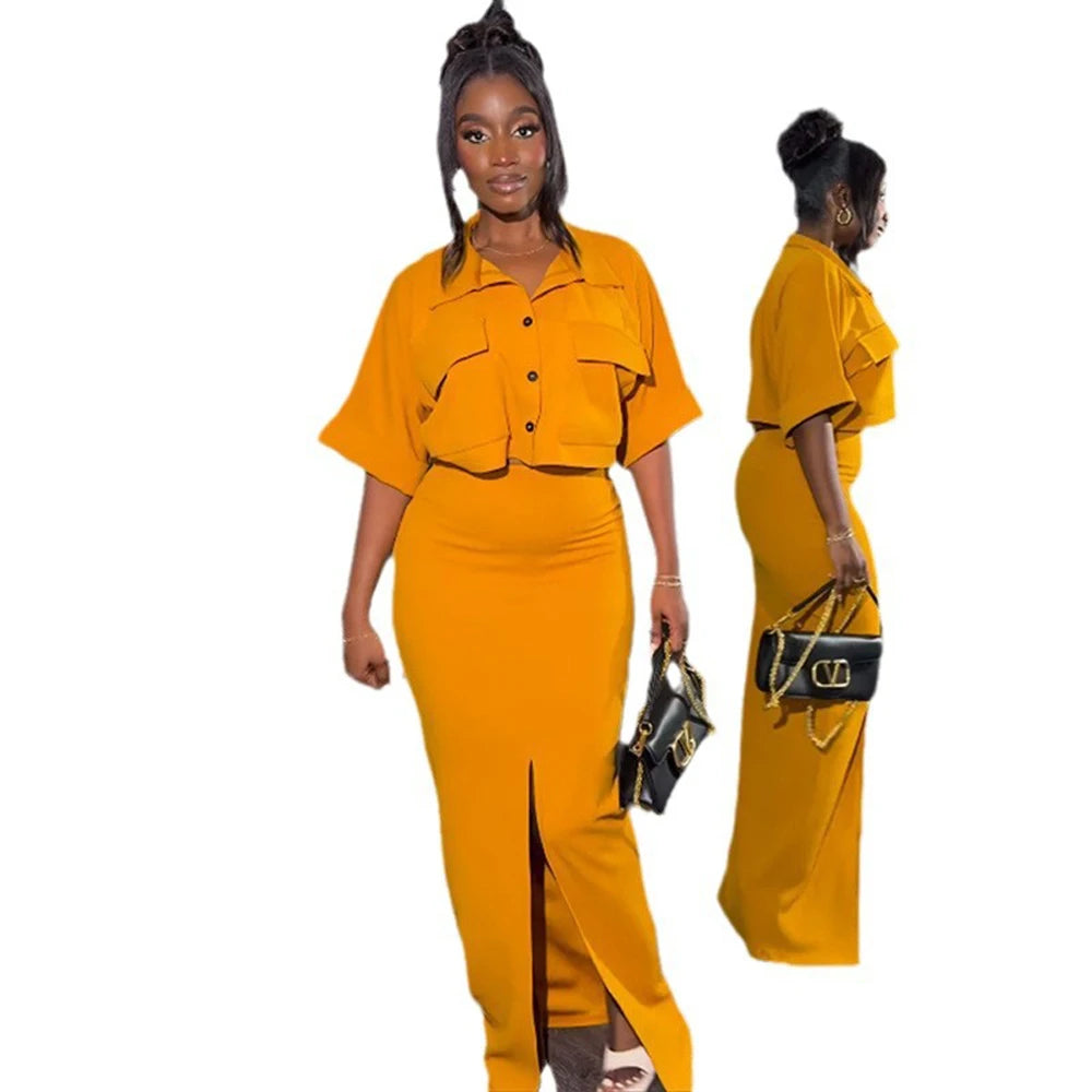 Maxy Latest Design Skirt Set Polo Collar Short Shirt Top and Long Split Skirt Set 2 Two Piece Summer Outfits for Women Elegant