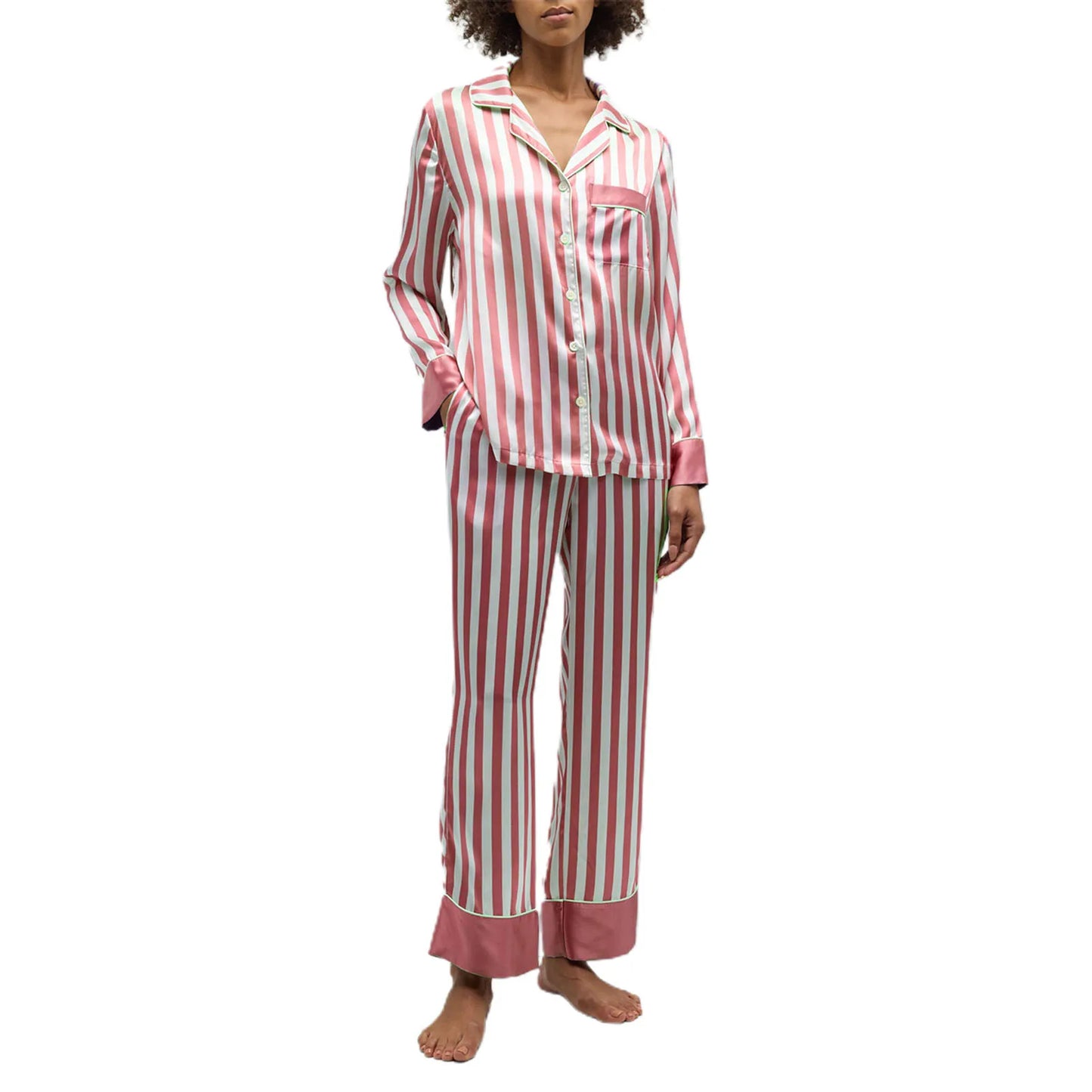 Women Striped Pajama Set Elegant Long Sleeve Top with Pants Sleepwear Loungewear