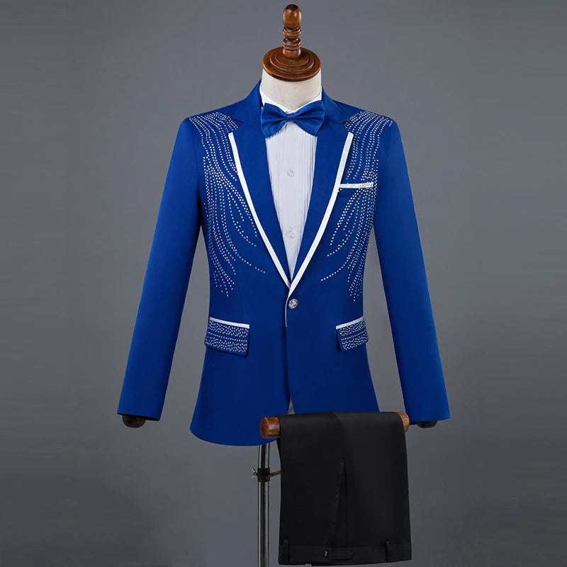 Amay Royal Blue Sequin Embroidery Suit Men Wedding Groom Tuxedo Suits Pants Mens One Button Peak Lapel Stage Costume Traje Hombre 2XL