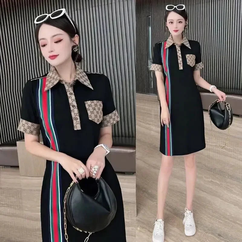 Maxy Female Tunics High Quality Dress Women Summer Korean Fashion Striped Slim Button Pockets Dresses