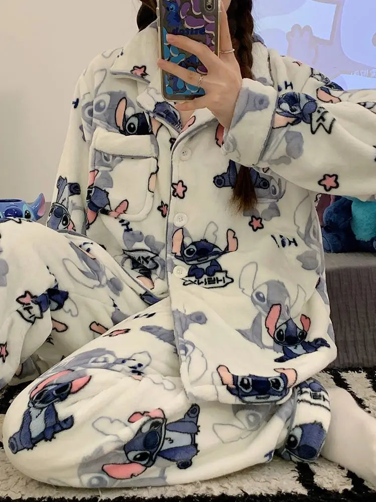 New Stitch-themed Max Plush Fluffy Sleepwear Pajamas Women's Autumn and Winter Flannel Thickened and Velvet Home Casual 2 Pcs Set