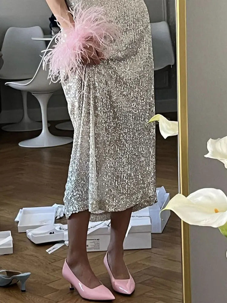 Maxy Autumn Sequin Dress Suit Sexy Club Party Women Crop Top+Long Skirt Elegant Two Piece Matching Set