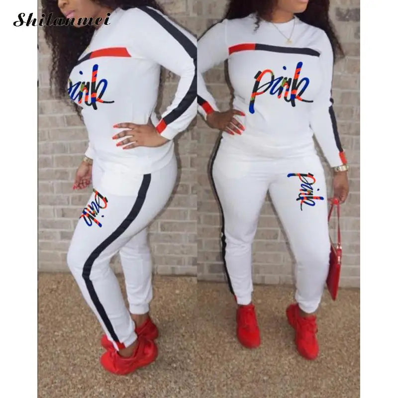 Maxy Casual Tracksuit Set Pink Letter Print 2 Piece Sets Women Full Sweatshirt Long Pants Suits Sporty Outfit Autumn Female Sweatsuit