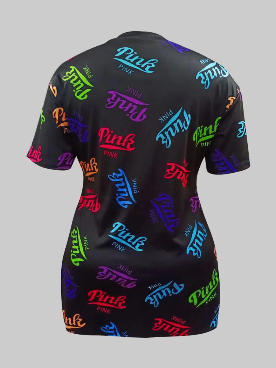 Maxy Plus Size 2pcs sets Letter Print Split Shorts Set Summer Women Two Piece Set Pullover Short Sleeve T-Shirt Casual Tracksuit