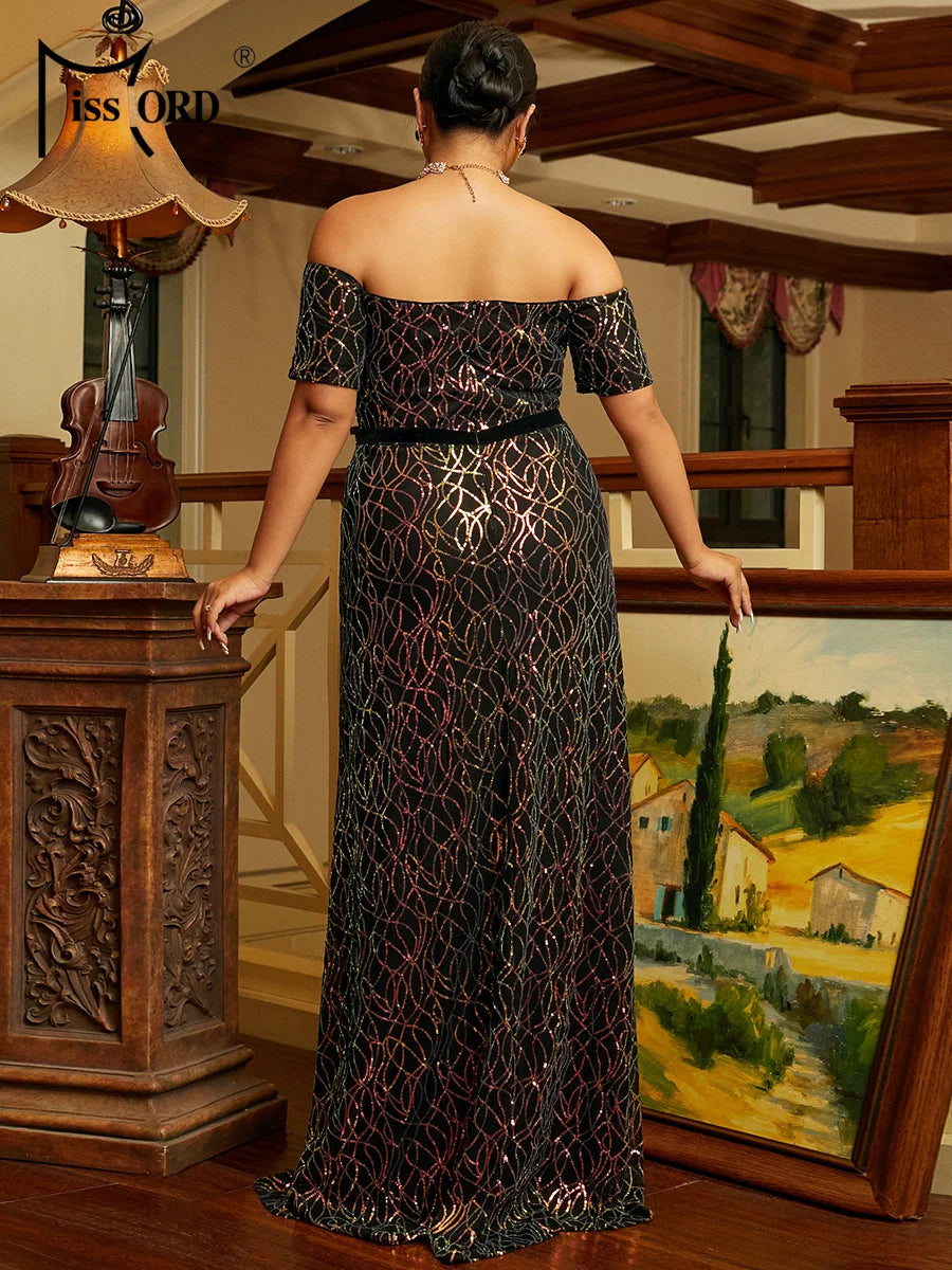 Maxy Plus Size Off Shoulder Sequin Black Evening Dress Chic Elegant Woman Dress Formal Occasion Dresses