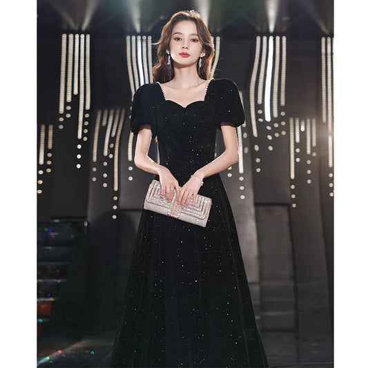 Maxy Fashion black evening dress 2024 new temperament annual meeting student art test dress elegant celebrity banquet