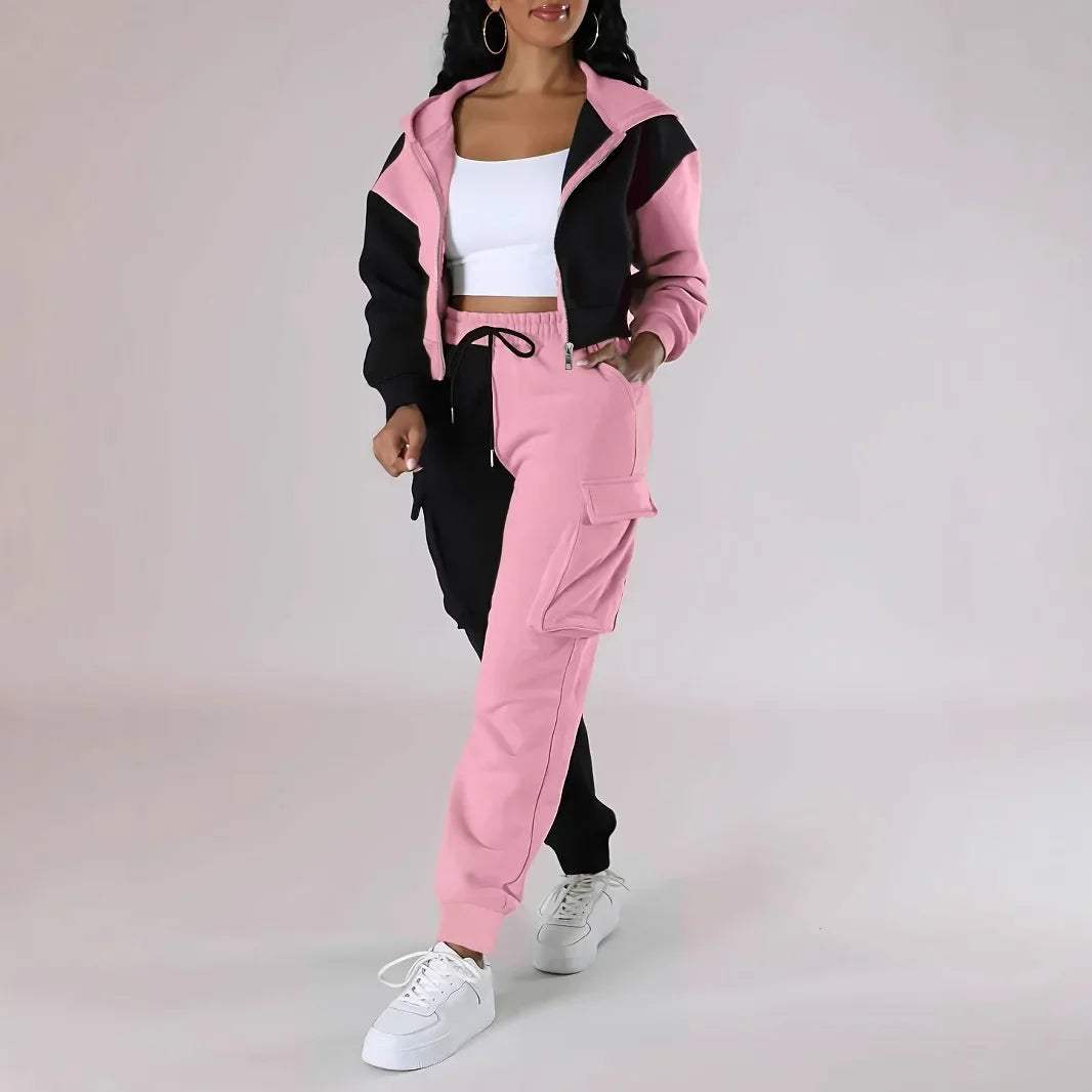 Women Loose Autumn Winter Two Pieces Suit Matching Sets Hoodie Tracksuit Blocked Zipper Short Outerwear Drawstring Cargo Pants