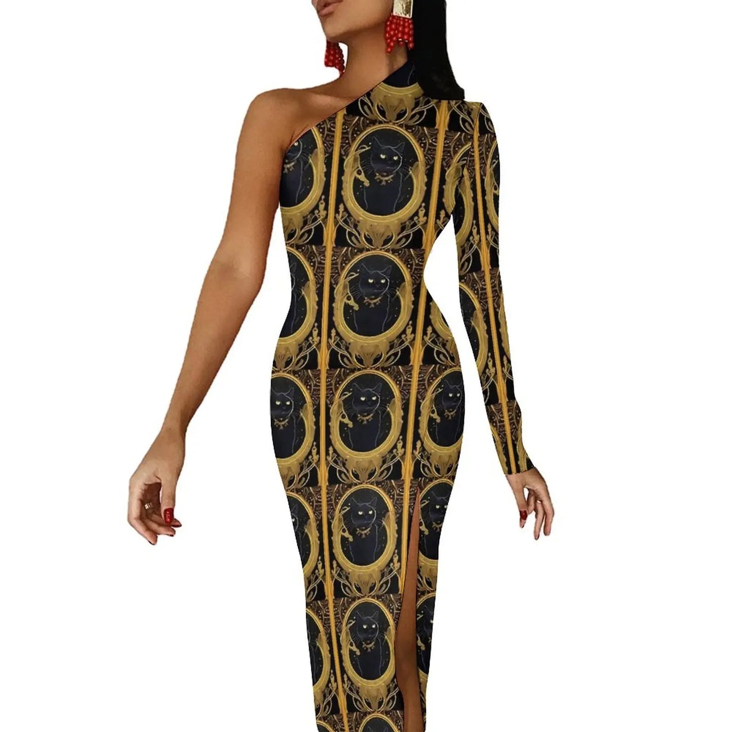Maxy Gold And Black Tarot Bodycon Dress Women's Major Arcana Night Club Maxy Dress Long Sleeve Party Custom Dresses Birthday Present