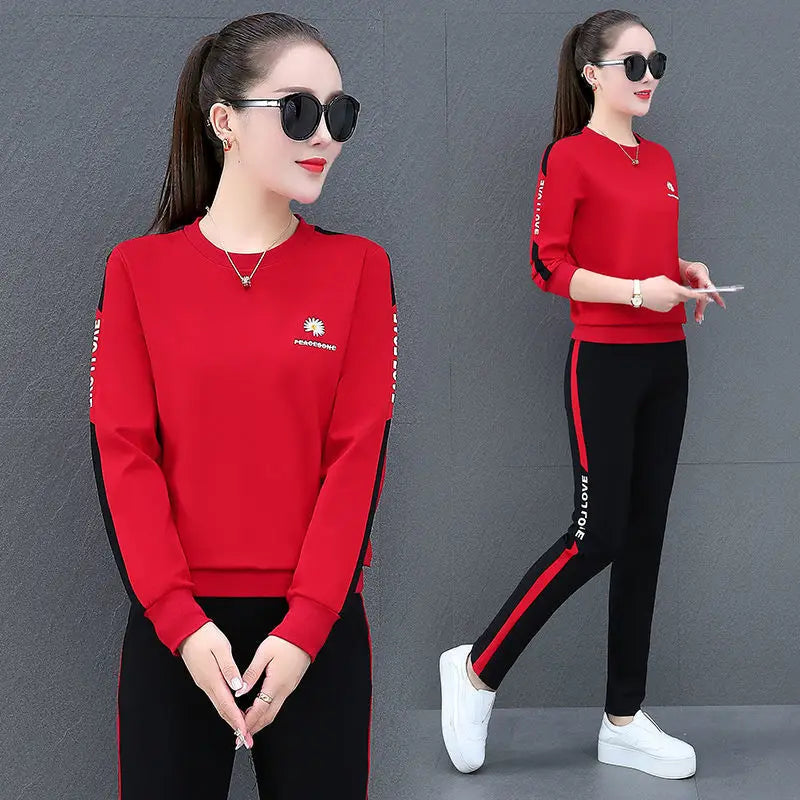 Maxy Summer New Daisy Loose Pants Suit Women's Track Korean Version Splicing Long Sleeved Top and Trousers Two Piece Set