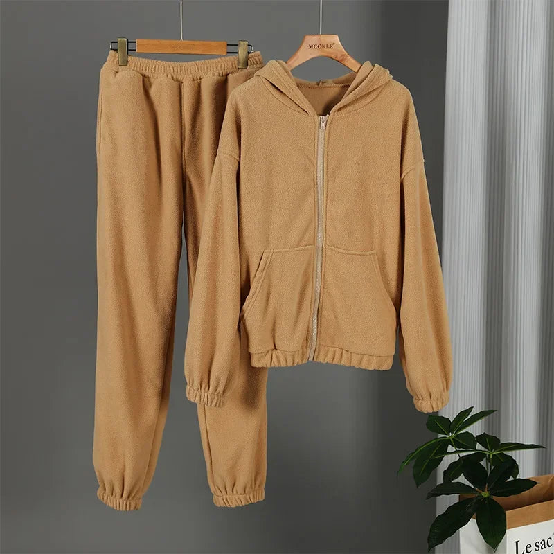 Women Tracksuit Autumn Winter Fleece Two Piece Sets Elegant Solid Oversized Warm Hoodies+Long Pant Sports Suit Ensemble Femme