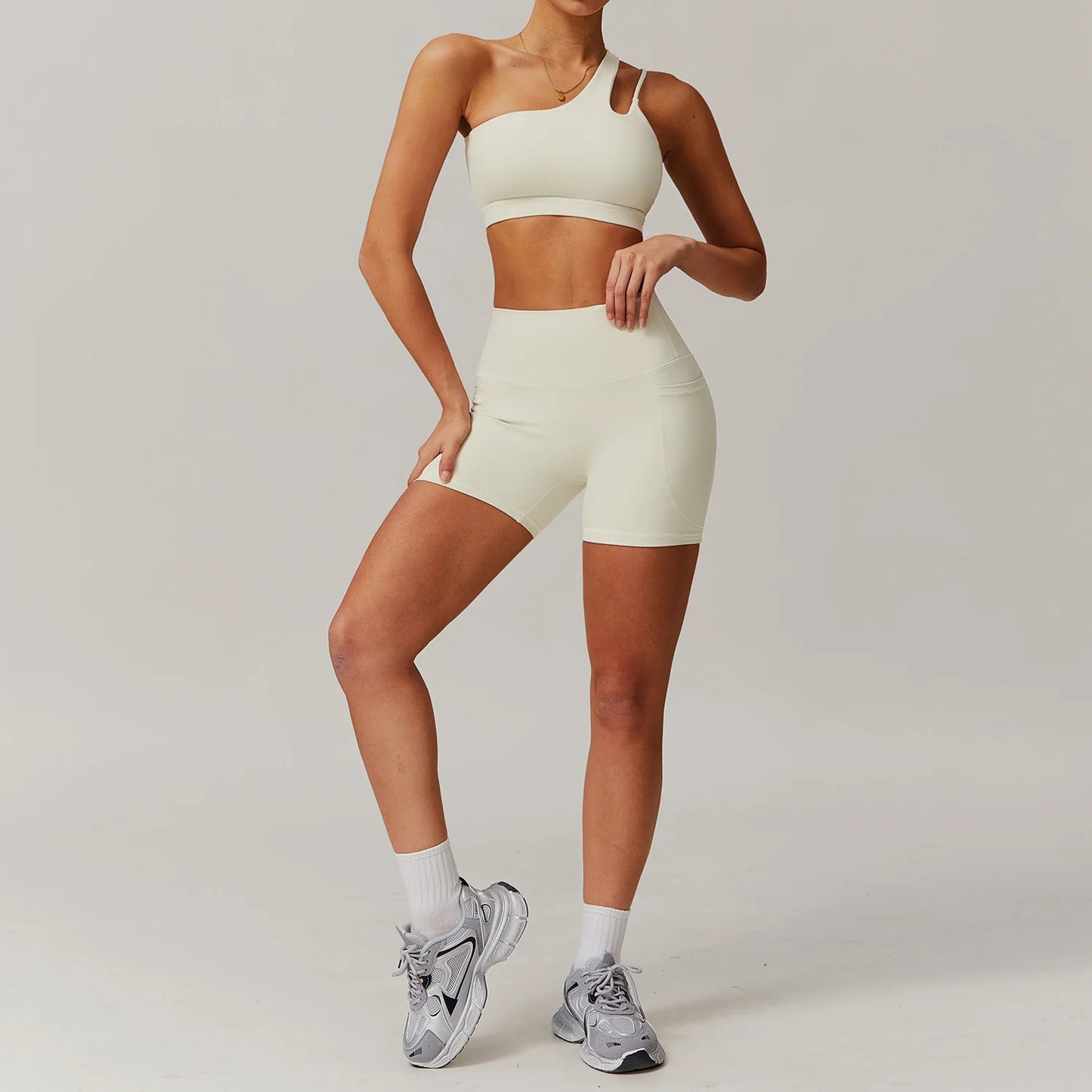 Maxy Sportswear Yoga Set Quick-Dry Tight Suit With Pocket Sports Women Tracksuits Asymmetric Shoulder Running Gym Leggings