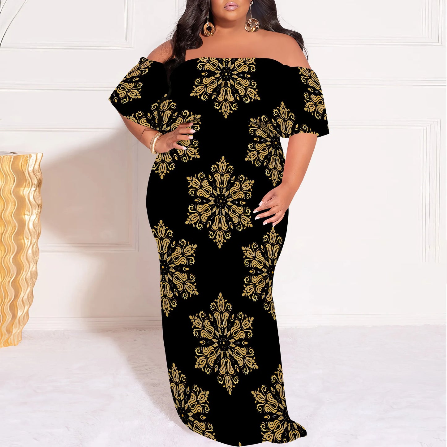 Amay Plus Size Elegant Off Shoulder Dress for Women African Inspired Pattern Long Evening Gown