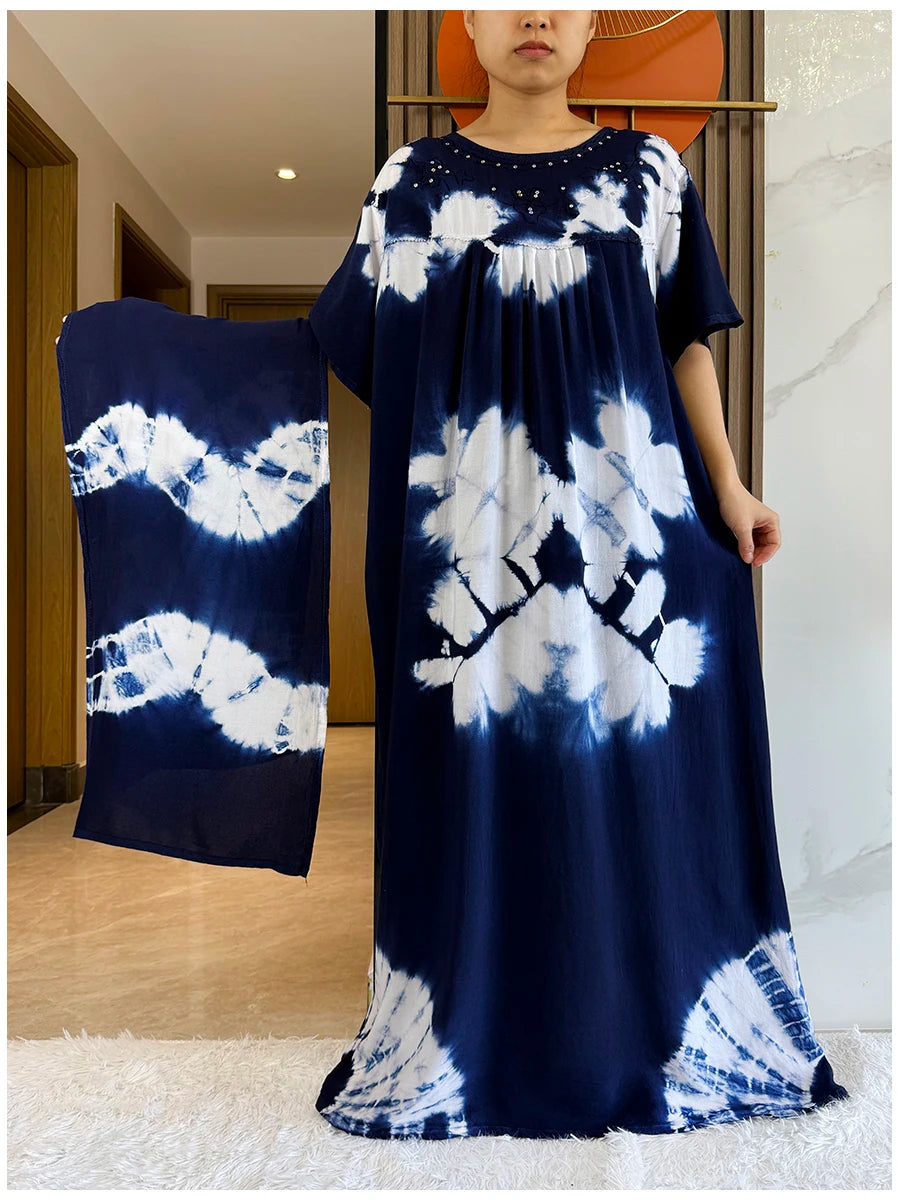 Maxy 2 Pieces Africa Dashiki Floral Printing Loose Cotton Caftan Lady Summer Maxy Casual Dresses With Big Scarf Short Sleeve