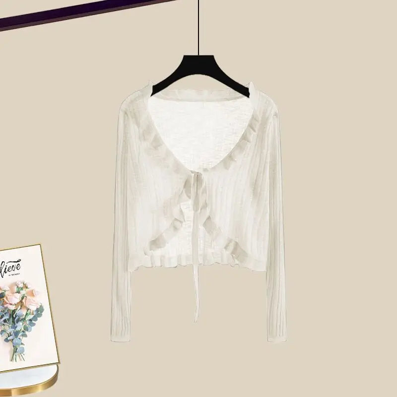 Maxy Summer Sun Protection Ice Silk Chiffon Shirt Ruffle Suspender Dress Two-piece Set Elegant Women's Dress Set Party Dress