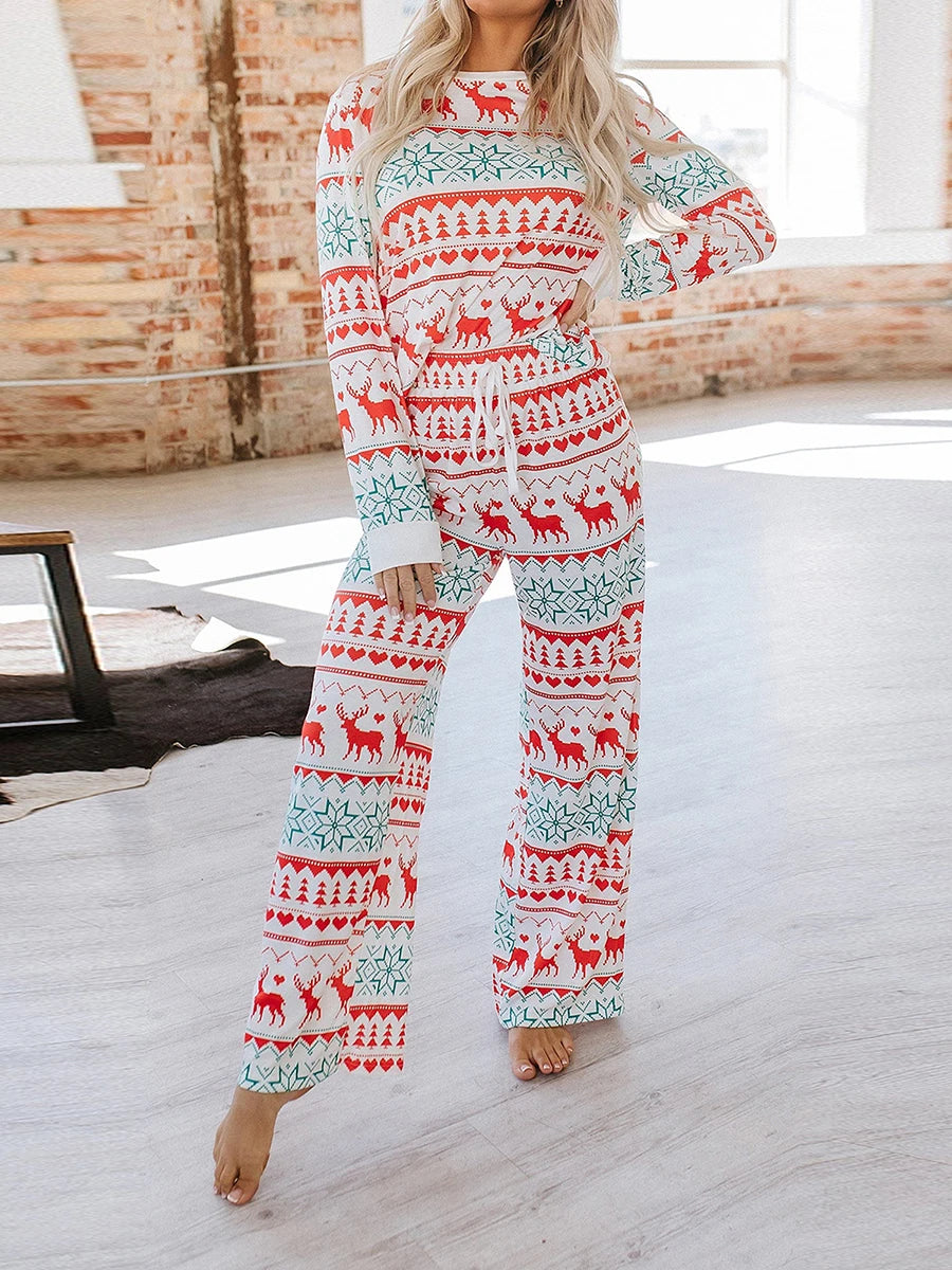 Women s Christmas Pajama Set Reindeer Print Round Neck Long Sleeve Tops Drawstring Long Pants