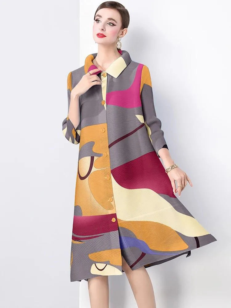 Maxy Women's Single Breasted High Stretch Oversized Pleated Shirt Dress Spring Fashion Color block Miyake Draped Loose Party Clothing