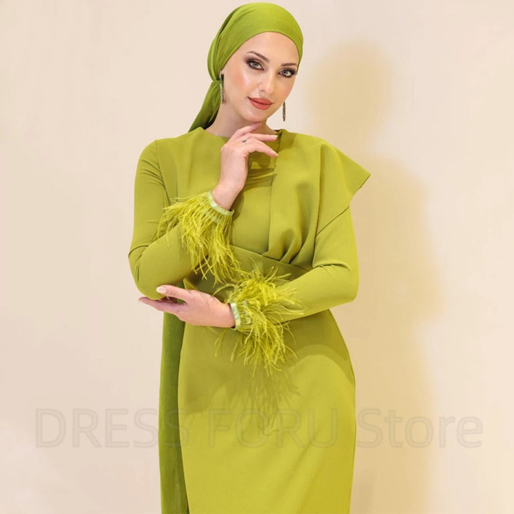Maxy Chic Muslim Long Sleeves Evening Dress with Pleat and Feathers Straight Women Floor Length Gowns for Wedding Party Guest