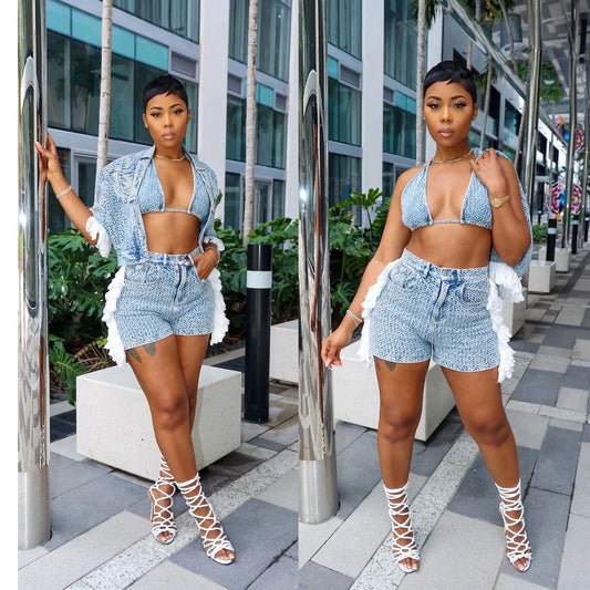 Maxy Sexy Denim Coats Jean 2 Piece Matching Pant Set Outfits Summer Women Clothes Y2K Shorts Suits Sets Cropped Jacket Tracksuit